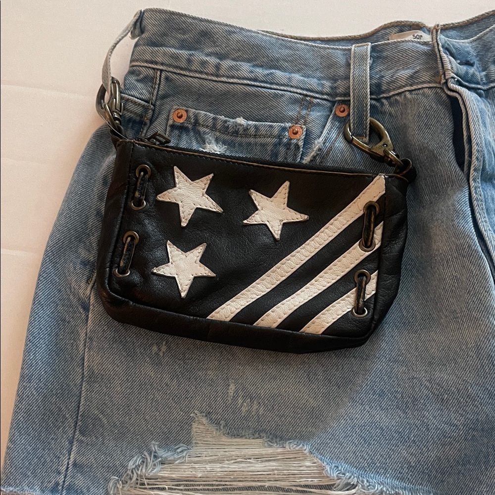 Black Leather Hip Bag with clip hardware White Stars & Stripes